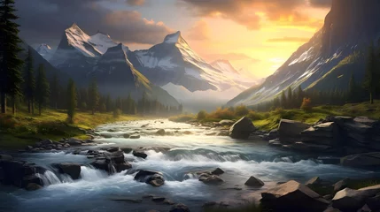 Foto op Canvas Mountain landscape with river and forest. Panoramic view. © Iman