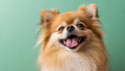 happy pomeranian dog smiling and closing an eye isolated on green pastel background - obrazy, fototapety, plakaty