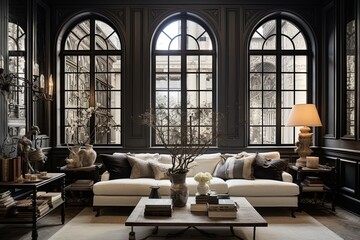 Fototapeta premium Ornate Ironwork Charm: Chic Living Space with Intricate Window Frames