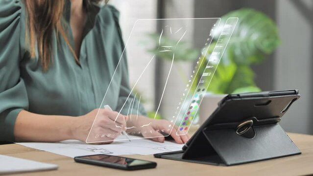 woman drawing dress model on virtual digital touch screen with pen,female designer draws draft sketch on graphic tablet in office