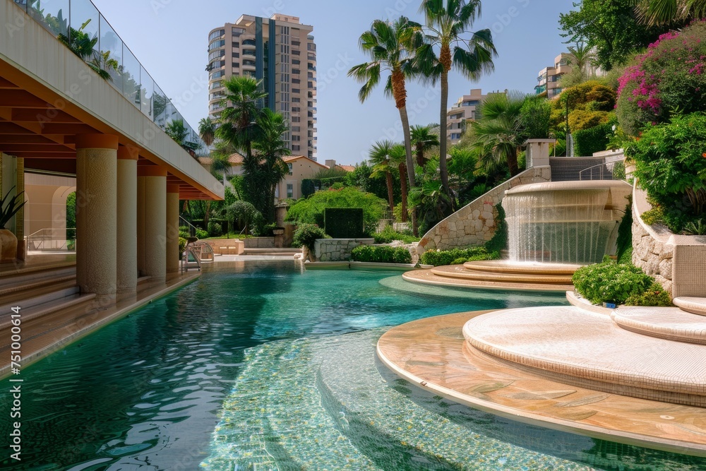Poster a pool with a fountain and a large building in the background