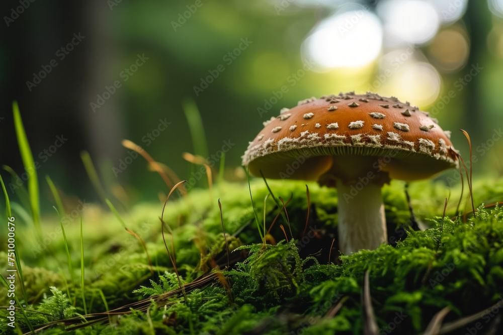 Poster fly agaric in the forest. background with selective focus and copy space