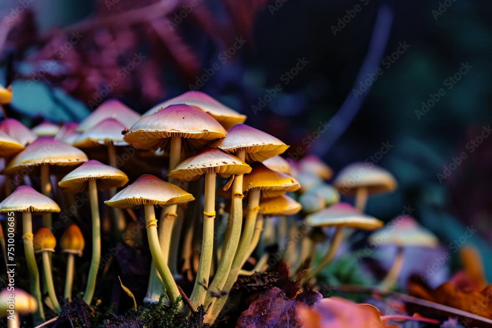 Poster mushrooms in the forest. background with selective focus and copy space