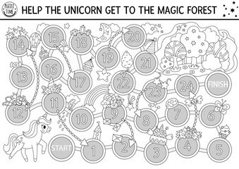 Unicorn black and white dice board game with cute animals, fairy, rainbow, castle. Fairytale line boardgame with fantasy forest, crystal. Magic printable activity, worksheet, coloring page