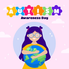 Flat background for world autism awareness day. Girl hugs the planet