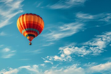 Fototapeta na wymiar A hot air balloon is flying high in the sky above a blue and cloudy sky