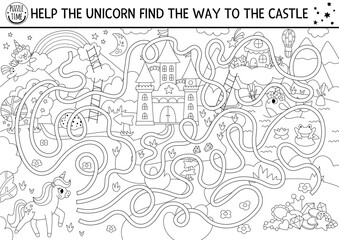 Unicorn black and white maze for kids with fantasy country landscape, castle, fairy. Magic preschool printable activity with treasures, rainbow. Fairytale labyrinth game, puzzle, coloring page