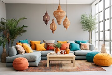 Chic Lounge: Pendant Lights & Mediterranean Color Palette with Boho Cushions & Textile Rugs - obrazy, fototapety, plakaty