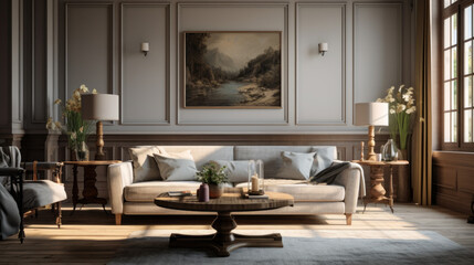 A stylish living room with a unique lighting fixture giving the room an exquisite look