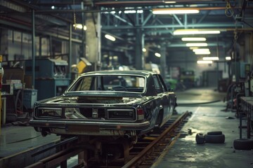 A car is being worked on in a dimly lit garage