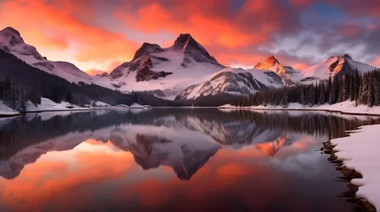 Foto auf Alu-Dibond Panoramic view of snowy mountains reflected in a lake at sunset © Iman