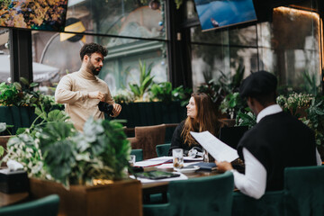 Young people engaged in a casual business meeting at a cozy garden cafe, discussing over documents with a relaxed ambiance.