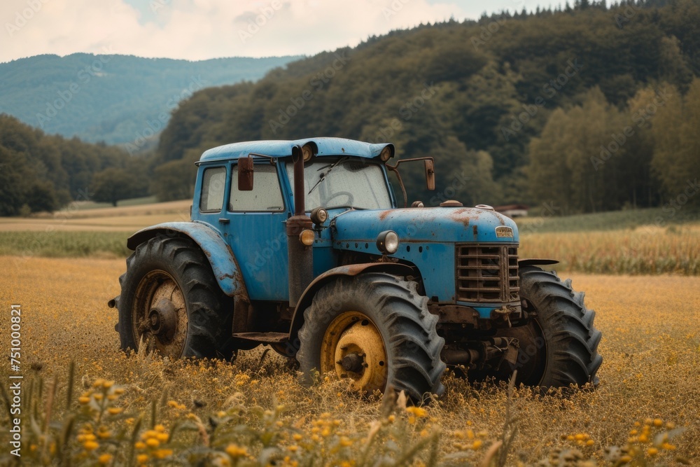 Aufkleber tractor in the field. background with selective focus and copy space