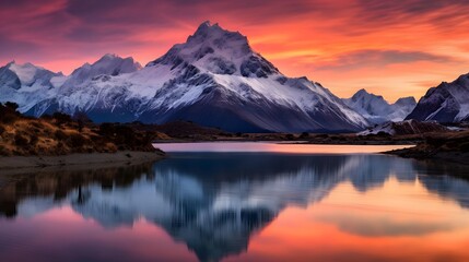 Panoramic view of snowcapped mountain range reflected in lake at sunset - obrazy, fototapety, plakaty