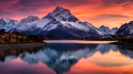 Foto op Canvas Panoramic view of snowcapped mountain range reflected in lake at sunset © Iman