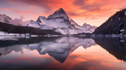 Fototapeten Panoramic view of the mountains reflected in the lake at sunset © Iman
