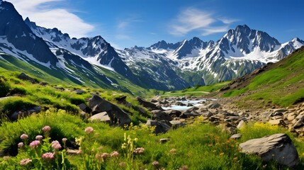 Beautiful panoramic view of alpine meadow in summer - obrazy, fototapety, plakaty