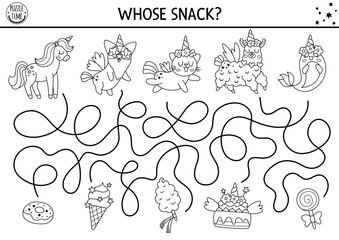 Unicorn black and white maze for kids with fantasy animals with horns and dessert snacks. Magic world printable activity, coloring page with cat, dog, llama, sweets. Fairytale labyrinth game, puzzle.