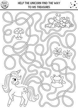Unicorn black and white maze for kids with fantasy horse and treasures. Magic printable line activity or coloring page with crystal, crown, gems, butterfly, frog. Fairytale labyrinth game, puzzle.
