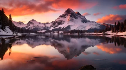 Gardinen Panoramic view of snow covered mountain peaks reflected in calm lake © Iman