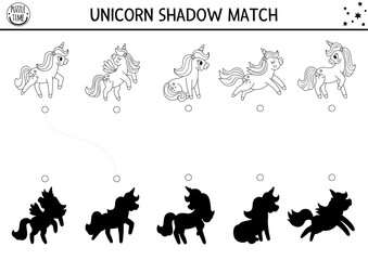 Unicorn black and white shadow matching activity. Magic world puzzle with cute characters. Find correct silhouette printable line worksheet, game. Fairytale coloring page for kids.