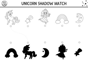 Unicorn black and white shadow matching activity with rainbow, fairy, falling star. Magic world puzzle. Find correct silhouette printable worksheet, game. Fairytale coloring page for kids.