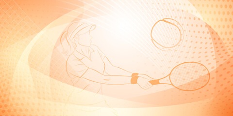 Tennis themed background in orange tones with abstract lines, curves and dots, with a female tennis player in action, swinging a racket to hit the ball away