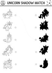 Unicorn black and white shadow matching activity with animals with horns. Magic world puzzle. Find correct silhouette printable worksheet, game. Fairytale coloring page for kids with cat, dog.