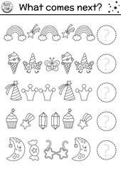What comes next. Unicorn black and white matching activity for preschool children. Funny fantasy world puzzle. Magical logical worksheet. Continue the row game or coloring page with rainbow, star.