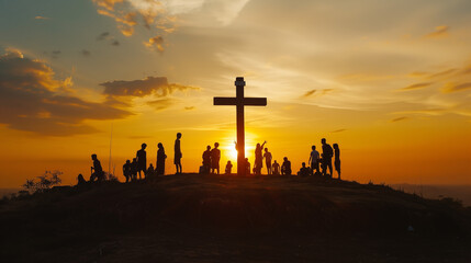 Silhouette of a cross and people symbolizing religion faith and beliefs