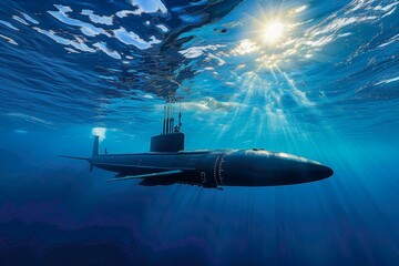 A submarine is swimming in the ocean