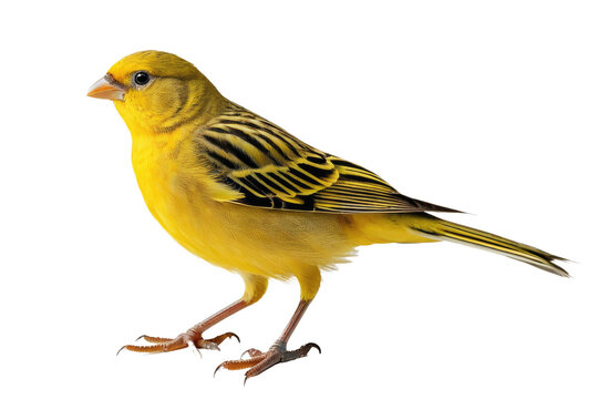 Canary perched, full body view, isolation against a pristine white background, stock photography, detailed plumage texture, focus on eyes, natural pose, soft shadow casting, high resolution