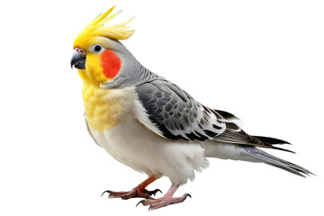 Cockatiel bird full body in high-quality stock photography style, isolated on a white background, displaying its plumage in sharp focus, soft diffused lighting enhancing the texture of feathers - Powered by Adobe