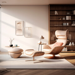 A stylish living room with a minimalist design, featuring a plush armchair and a multi-functional desk