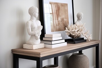 Classic Coastal Home: Coral and Seashell Accents in Black and White Decor with Vintage Console Tables