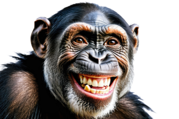 Chimpanzee smiling, full body portrait, isolated against a white backdrop, captures the essence of happiness, high-resolution stock photo, eye-catching, clear image, studio lighting