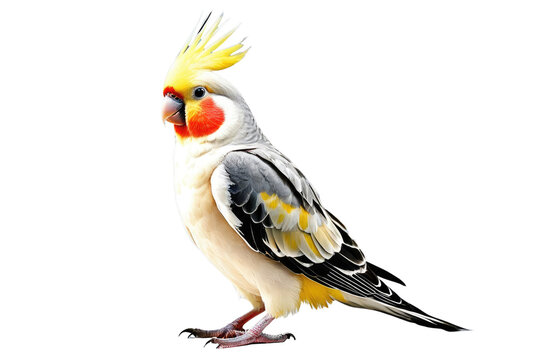 Cockatiel bird full body in high-quality stock photography style, isolated on a white background, displaying its plumage in sharp focus, soft diffused lighting enhancing the texture of feathers
