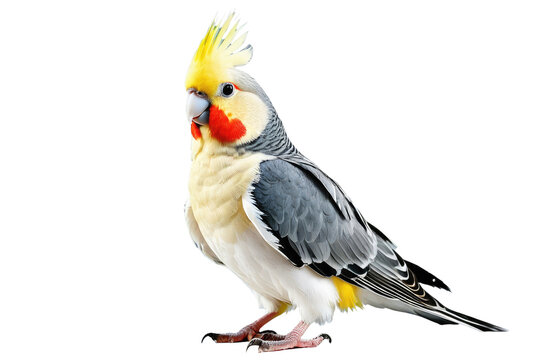 Cockatiel bird full body in high-quality stock photography style, isolated on a white background, displaying its plumage in sharp focus, soft diffused lighting enhancing the texture of feathers