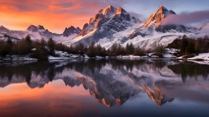 Beautiful panoramic view of snow capped mountains reflected in the lake