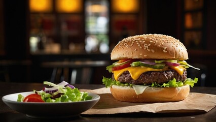 hamburger on a plate in restaurant background photo