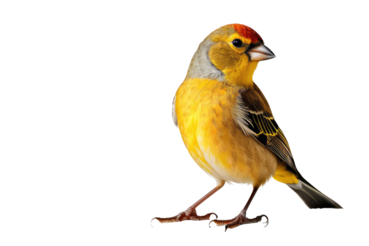 Finch bird full body, isolated on white background, high-quality stock photo, crisp feather details, soft shadow beneath, vibrant yellow and brown plumage, neutral white space allowing for text