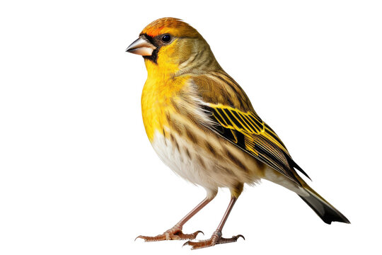 Finch bird full body, isolated on white background, high-quality stock photo, crisp feather details, soft shadow beneath, vibrant yellow and brown plumage, neutral white space allowing for text