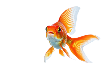 Goldfish, expressing joy, full body visible, isolated on pure white background, high key lighting, sharp focus on scales and fins, contrasting colors, smooth gradient shadow beneath fish