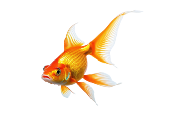 Goldfish, expressing joy, full body visible, isolated on pure white background, high key lighting, sharp focus on scales and fins, contrasting colors, smooth gradient shadow beneath fish