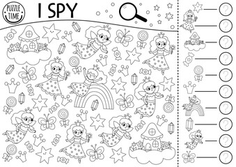 Unicorn black and white I spy game for kids. Searching and counting activity with little fairy princess, rainbow, stars. Magic printable worksheet, coloring page. Fairytale spotting puzzle.