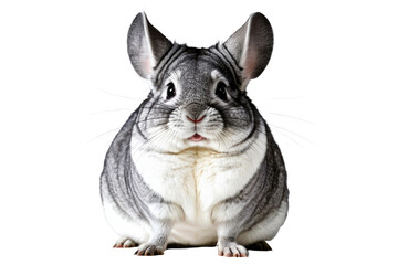 Single chinchilla, full body, vibrant fur tones, exuding happiness, isolated against a pristine white background, captured in a high-quality stock photograph, showcasing clarity and texture