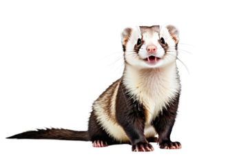 Happy ferret, full body portrait, isolated against a pure white background, poised in a playful stance, capturing the texture of its fur, professional studio lighting accentuating the ferret's lively 