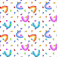 Cartoon watercolor paint seamless rainbow and ice cream pattern for wrapping and kids print and party accessories