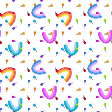 Cartoon watercolor paint seamless rainbow and ice cream pattern for wrapping and kids print and party accessories