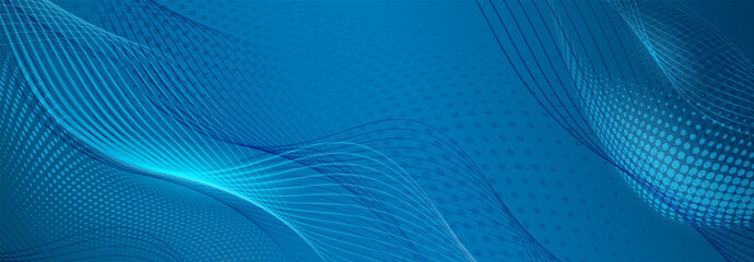 Abstract background made of halftone dots and thin curved lines in blue colors
